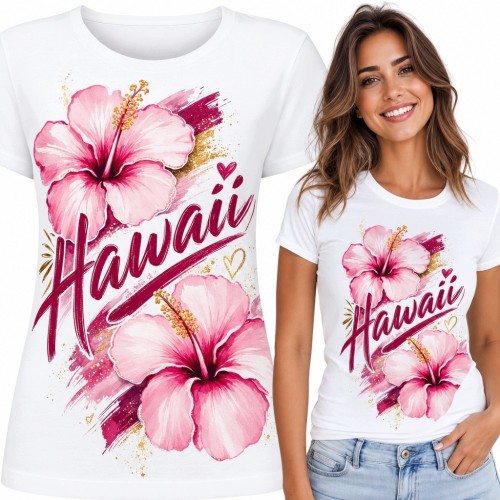 Koszulka damska z hibiskusami i napisem „Hawaii” - tropikalny motyw