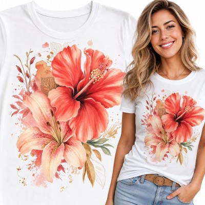Koszulka damska z akwarelowym hibiskusem i lilią - duży kwiatowy nadruk