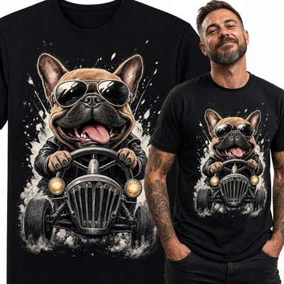 Koszulka męska z buldogiem francuskim prowadzącym hot roda - motoryzacyjny wzór