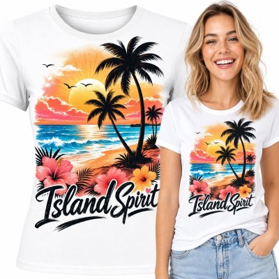 Koszulka damska z tropikalną plażą i napisem „Island Spirit” - wakacyjny zachód słońca