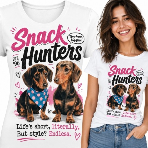 Koszulka damska z jamnikami „Snack Hunters” - zabawny psi motyw