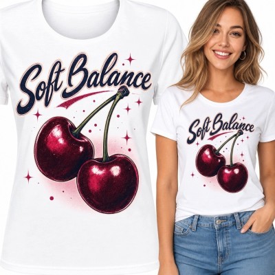 Koszulka damska z wiśniami „Soft Balance” - owocowy nadruk retro