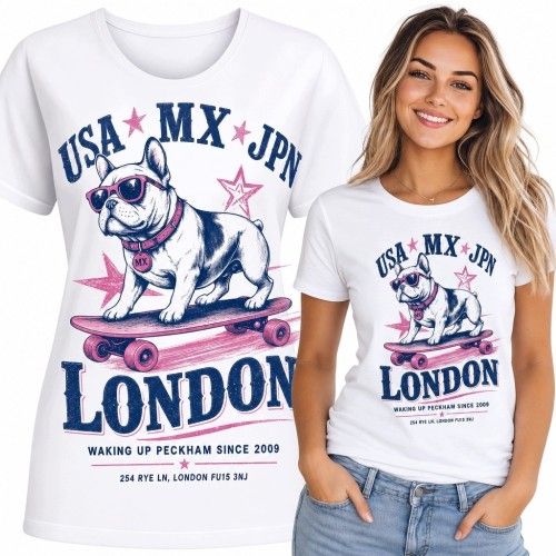 Koszulka damska „London” z buldogiem francuskim na deskorolce - miejski wzór retro