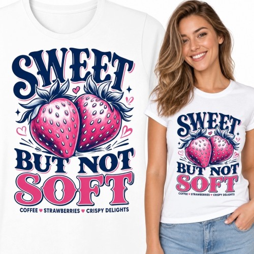 Koszulka damska z truskawkami „Sweet But Not Soft” - retro nadruk