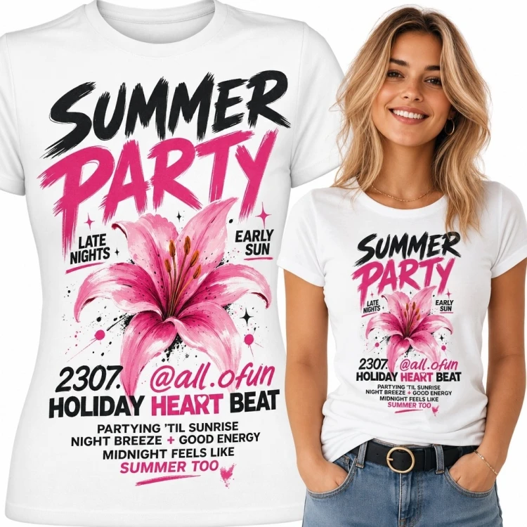 Koszulka damska „Summer Party” z różową lilią - wakacyjny motyw imprezowy