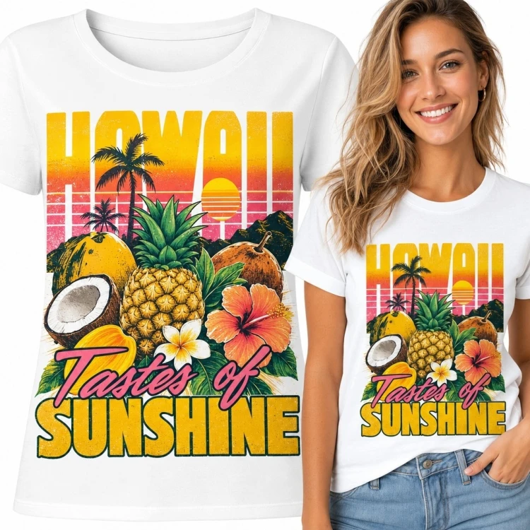 Koszulka damska z hawajskim nadrukiem „Hawaii Tastes of Sunshine” - ananas i kokosy