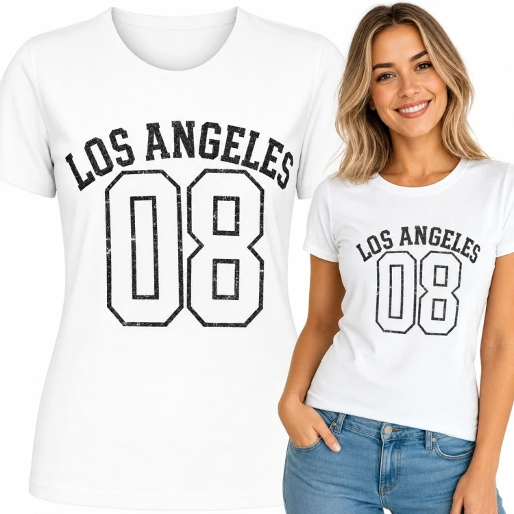 Koszulka damska z nadrukiem „Los Angeles” i numerem „08” - styl varsity
