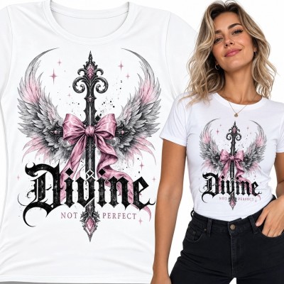 Koszulka damska z gotyckim mieczem „Divine” - skrzydła i różowa kokarda