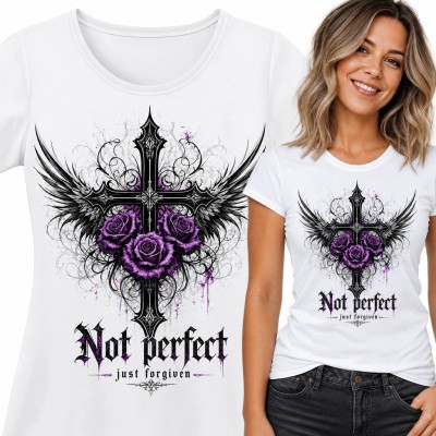 Koszulka damska z gotyckim krzyżem „Not perfect - just forgiven”