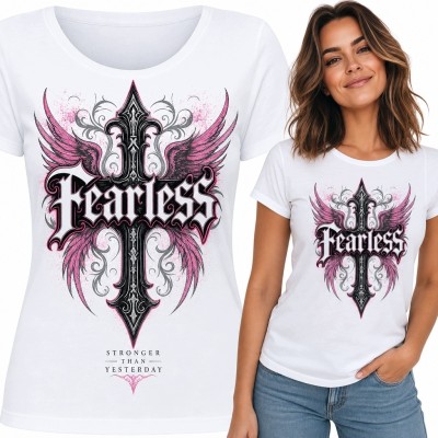 Koszulka damska z gotyckim mieczem i różowymi skrzydłami „Fearless” - rockowy wzór