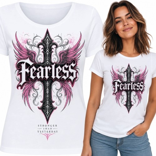 Koszulka damska z gotyckim mieczem i różowymi skrzydłami „Fearless” - rockowy wzór