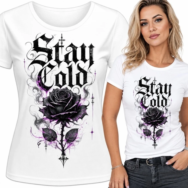 Koszulka damska z czarną różą i napisem „Stay Cold” - gotycki wzór