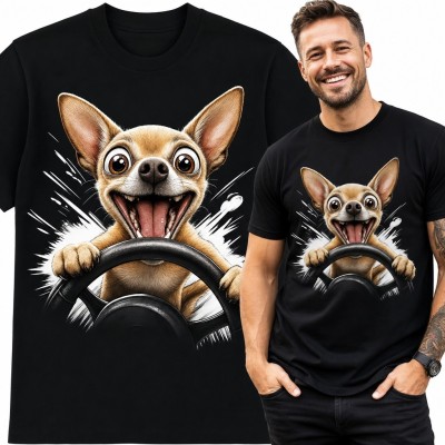 Koszulka męska z chihuahua za kierownicą - motoryzacyjny humor