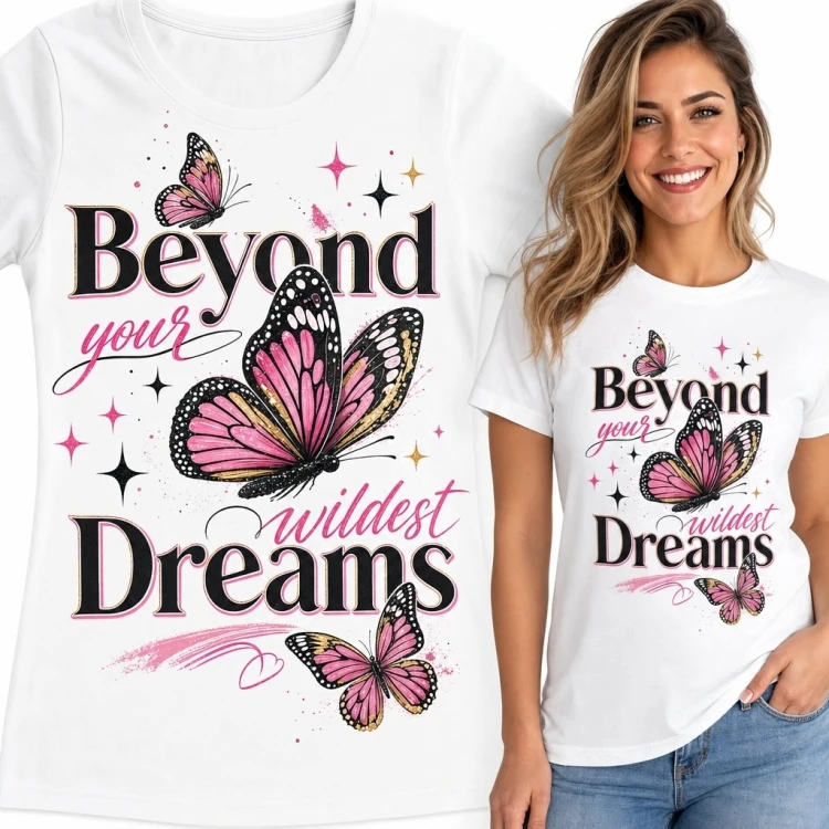 Koszulka damska z motylami i napisem „Beyond your wildest Dreams” - romantyczny wzór