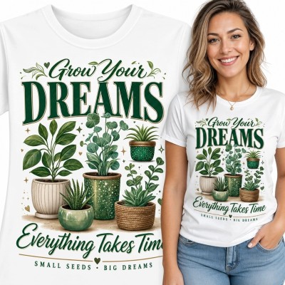 Koszulka damska z roślinami „Grow Your Dreams” - motywacyjny nadruk