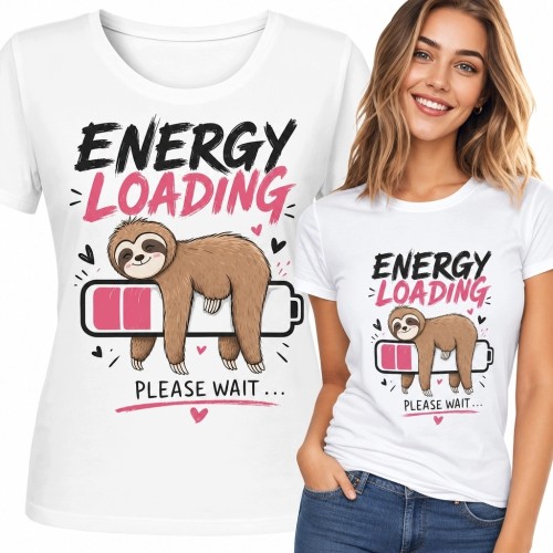 Koszulka damska „Energy loading...” z leniwcem na baterii
