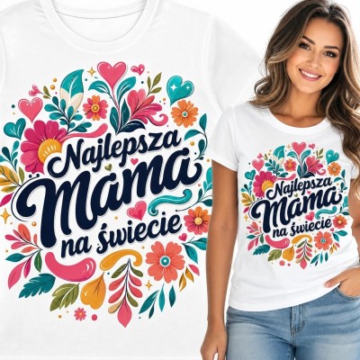 Koszulka damska dla mamy z kwiatami „Najlepsza Mama na świecie” - kolorowy nadruk