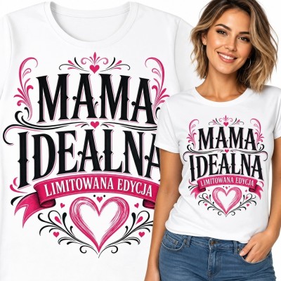 Koszulka damska dla mamy „Mama idealna” - serce i różowe ornamenty
