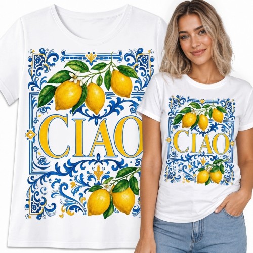 Koszulka damska „Ciao” - cytryny i włoska majolika