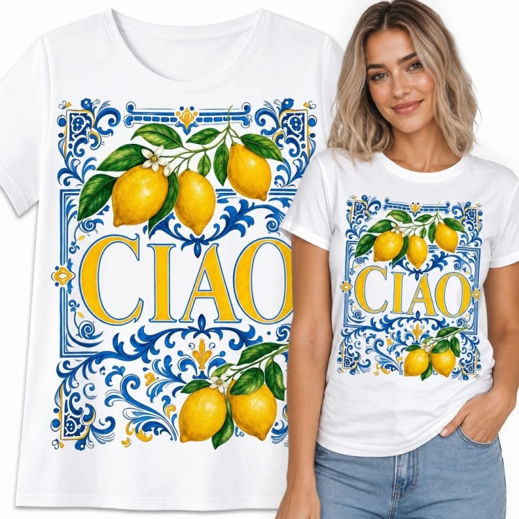 Koszulka damska „Ciao” - cytryny i włoska majolika