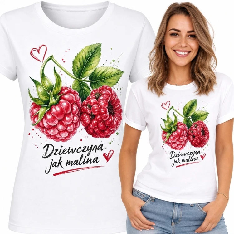 Koszulka damska z malinami „Dziewczyna jak malina” - pogodny owocowy motyw