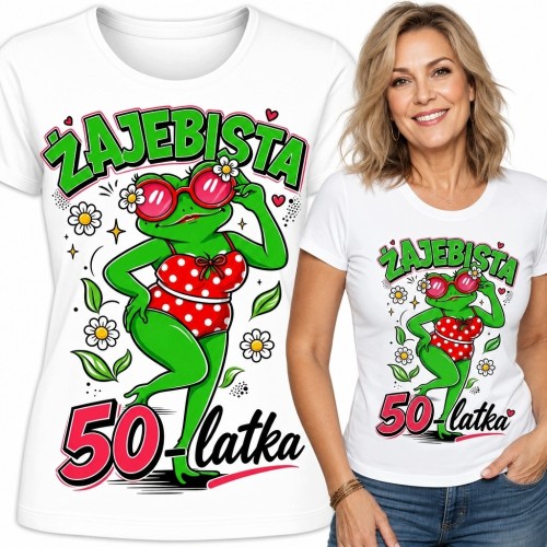 Koszulka damska na 50 urodziny z tańczącą żabą - „Żajebista 50-latka”