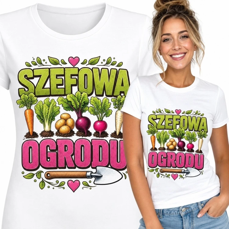 Koszulka damska dla działkowiczki „Szefowa ogrodu” z warzywami