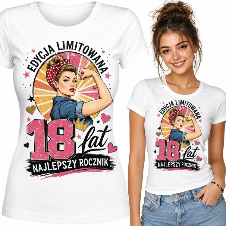 Koszulka damska na 18 urodziny z retro pin-up „18 lat”
