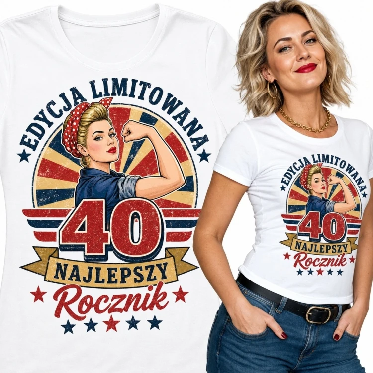 Koszulka damska na 40 urodziny - retro pin-up „Najlepszy rocznik”