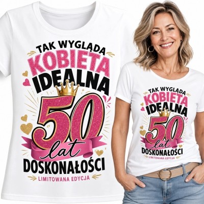 Koszulka damska na 50 urodziny - „50 lat doskonałości” z różową wstęgą i sercami
