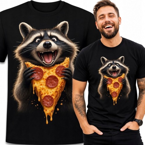Koszulka męska z szopem trzymającym pizzę - humorystyczny nadruk