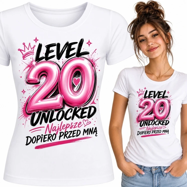 Koszulka damska na 20 urodziny „Level 20 Unlocked” - serce w liczbie i rozpryski farby