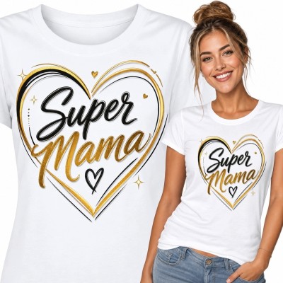 Koszulka damska „Super Mama” z czarno-złotym sercem