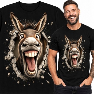 Koszulka męska z roześmianym osłem przebijającym ścianę - humorystyczny nadruk 3D