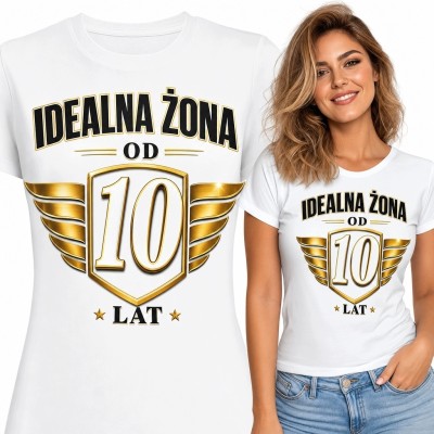 Koszulka damska na 10. rocznicę ślubu „Idealna żona od 10 lat” - jubileuszowy emblemat