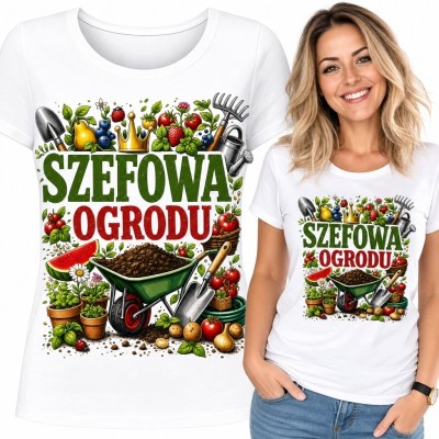 Koszulka damska dla ogrodniczki „Szefowa ogrodu” - taczka i plony