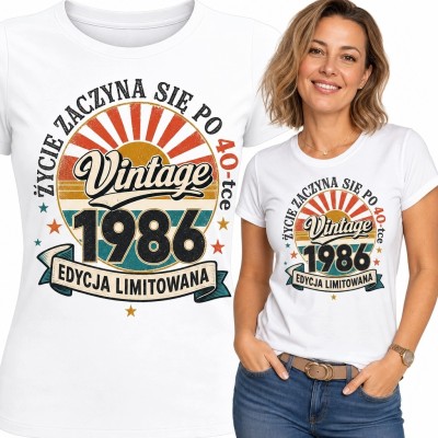 Koszulka damska na 40 urodziny - rocznik „1986” i hasło „Życie zaczyna się po 40-tce”