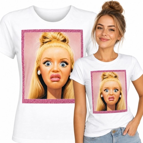 Koszulka damska z pop-artowym portretem blond lalki - różowa ramka