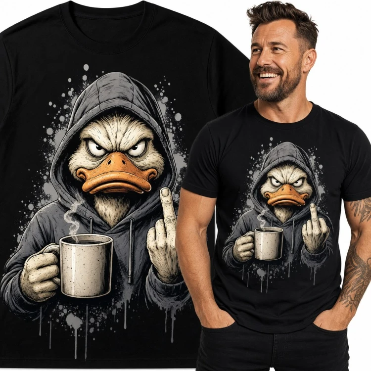 Koszulka męska z rozzłoszczoną kaczką pokazującą środkowy palec - zadziorny humor