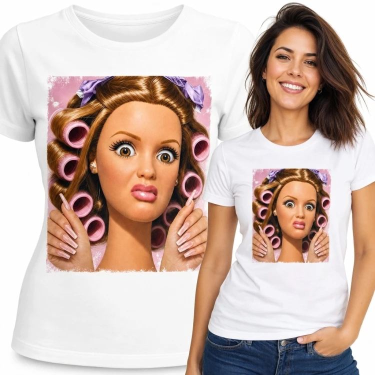 Koszulka damska z kobietą w różowych wałkach - humorystyczny motyw beauty