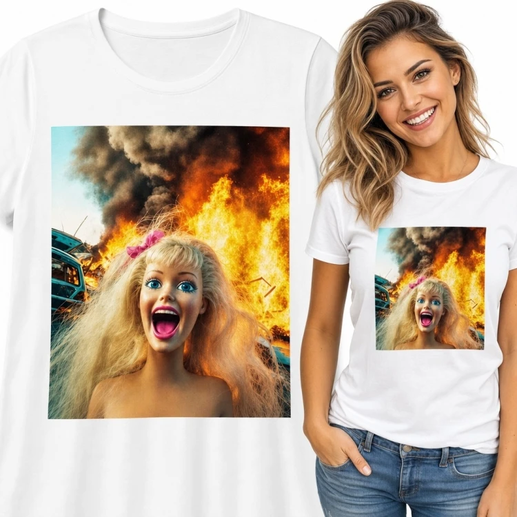 Koszulka damska z surrealistycznym nadrukiem blondynki na tle pożaru - czarny humor