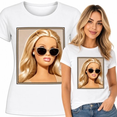 Koszulka damska z portretem lalki glamour w czarnych okularach - modowy motyw