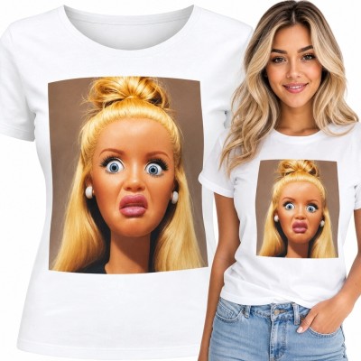 Koszulka damska z pop-artowym portretem blond postaci - zaskoczona mina