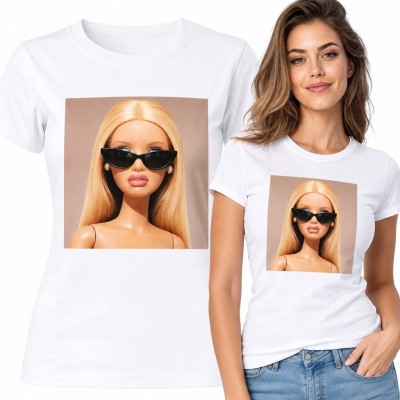 Koszulka damska z portretem blondwłosej postaci w okularach - styl glamour