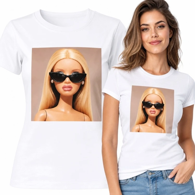 Koszulka damska z portretem blondwłosej postaci w okularach - styl glamour