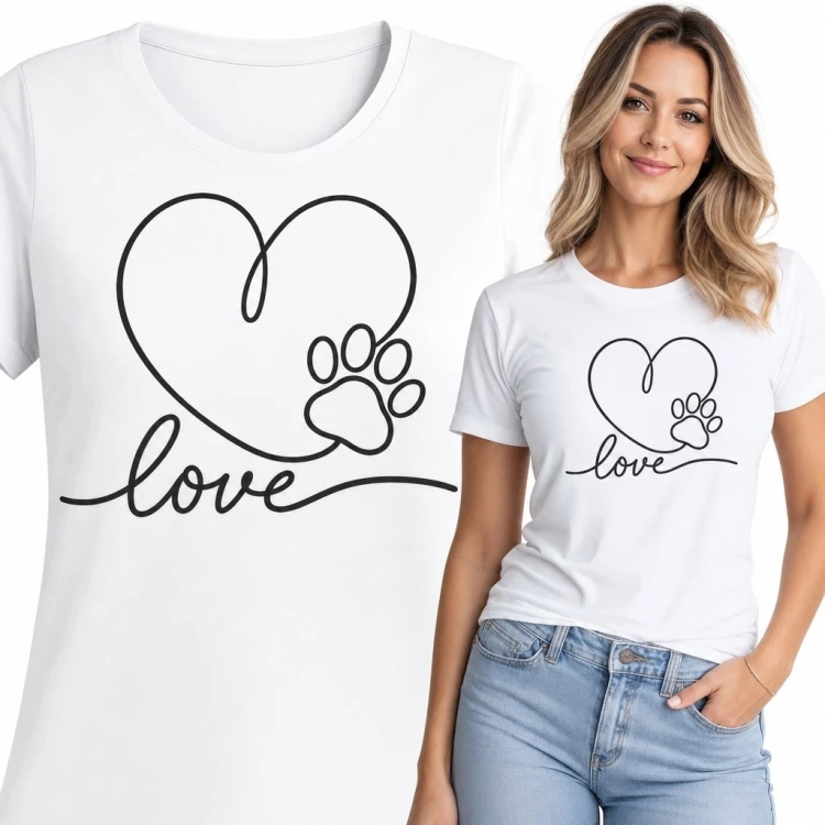 Koszulka damska z sercem, łapą i napisem „Love” - dla miłośniczki zwierząt