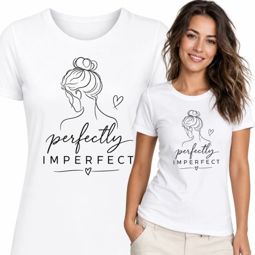 Koszulka damska z portretem kobiety i napisem „Perfectly imperfect”