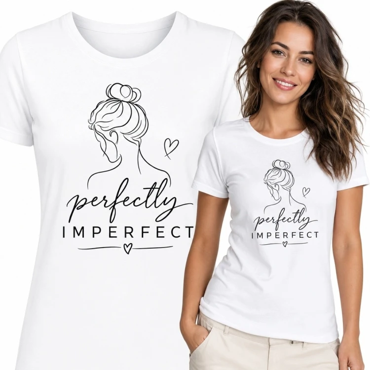 Koszulka damska z portretem kobiety i napisem „Perfectly imperfect”