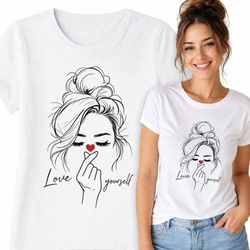 Koszulka damska z linearnym portretem i napisem „Love yourself” - motyw self-love