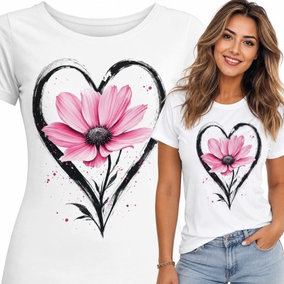 Koszulka damska z różowym kwiatem w sercu - artystyczny nadruk